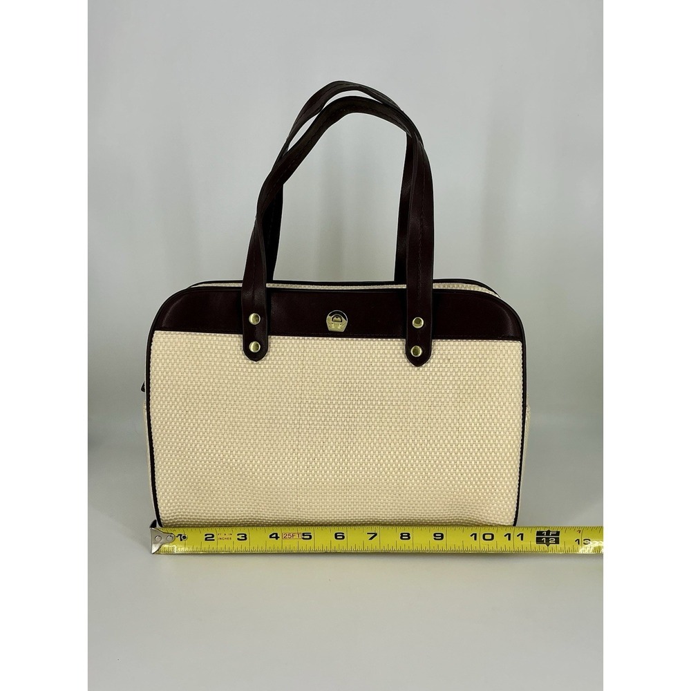 Etienne Aigner Beige Brown Woven Satchel Double Handles Gold Hardware - Picture 7 of 11
